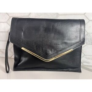 Vintage Made In Korea Genuine Leather Clutch Wristlet‎ Black Envelope Style Snap